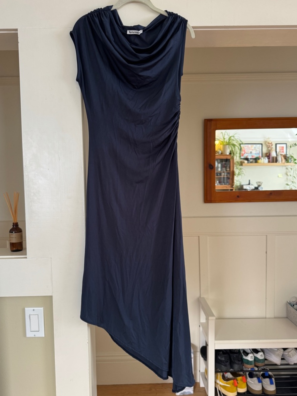 Reformation Navy Asymmetrical Draped Sleeveless Dress